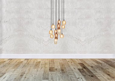 Ev, ofis, otel ve yatak odası için taş duvar iç tasarımı modern lamba. 3B illüstrasyon