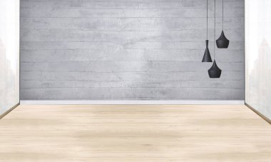 Ev, ofis, otel ve yatak odası için taş duvar iç tasarımı modern lamba. 3B illüstrasyon