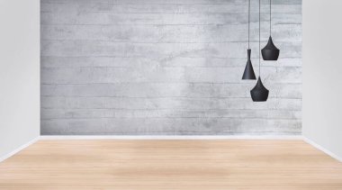 Ev, ofis, otel ve yatak odası için taş duvar iç tasarımı modern lamba. 3B illüstrasyon