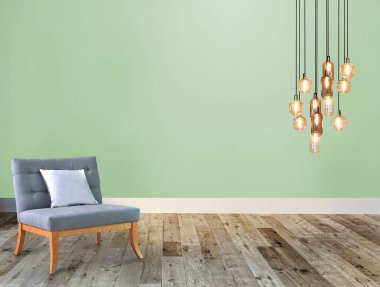 Ev, ofis, otel ve yatak odası için taş duvar iç tasarımı modern lamba. 3B illüstrasyon