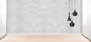 Ev, ofis, otel ve yatak odası için taş duvar iç tasarımı modern lamba. 3B illüstrasyon