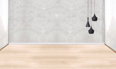 Parlak boş iç tasarım, taş duvar. 3B illüstrasyon