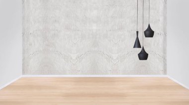 Parlak boş iç tasarım, taş duvar. 3B illüstrasyon