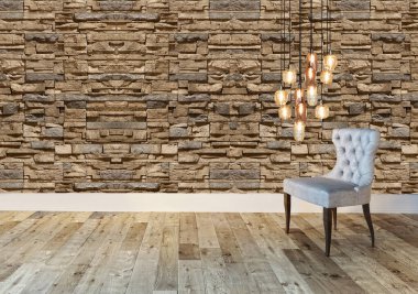 Parlak boş iç tasarım, taş duvar. 3B illüstrasyon