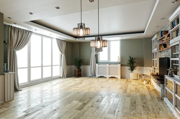 Modern, boş iç tasarım, taş duvar ve balkonlu geniş pencere. 3B görüntüleme