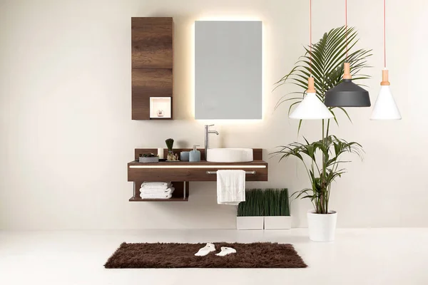 Temiz banyo stili, dekoratif tasarım, ahşap dolaplar.