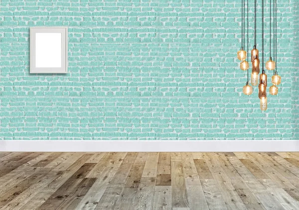 空のリビングルームのインテリア装飾現代のランプや木製の床 石の壁のコンセプト 家やオフィスホテルの装飾的な背景 3Dイラスト — ストック写真