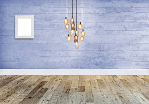 Lege Woonkamer Interieur Inrichting Moderne Lamp Houten Vloer Stenen Muur — Stockfoto