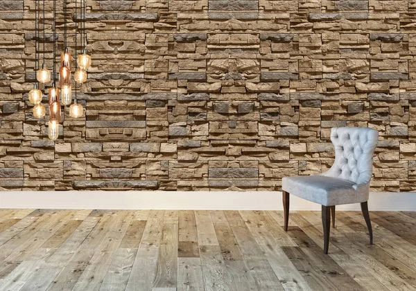 Parlak boş iç tasarım, taş duvar. 3B illüstrasyon