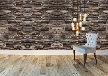 Parlak boş iç tasarım, taş duvar. 3B illüstrasyon