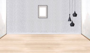 Modern boş ev iç mimarisi ve lamba. 3B illüstrasyon