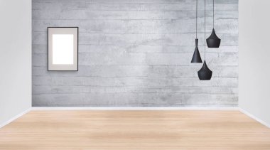 Yeni boş oturma odası iç dekorasyon ahşap zemin, taş duvar konsepti. Ev, ofis ve otel için dekoratif arka plan. 3B illüstrasyon