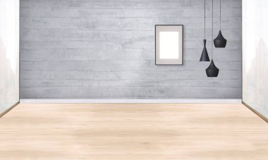 Yeni boş oturma odası iç dekorasyon ahşap zemin, taş duvar konsepti. Ev, ofis ve otel için dekoratif arka plan. 3B illüstrasyon