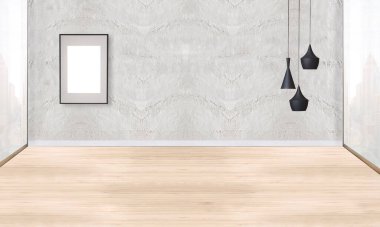 Boş oturma odası dekorasyonu modern lamba ve ahşap zemin, taş duvar konsepti. Ev, ofis, otel için dekoratif arka plan. 3B illüstrasyon