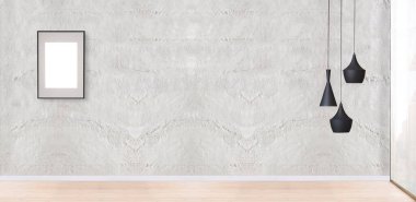 Boş oturma odası dekorasyonu modern lamba ve ahşap zemin, taş duvar konsepti. Ev, ofis, otel için dekoratif arka plan. 3B illüstrasyon