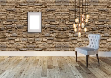 Boş oturma odası dekorasyonu modern lamba ve ahşap zemin, taş duvar konsepti. Ev, ofis, otel için dekoratif arka plan. 3B illüstrasyon