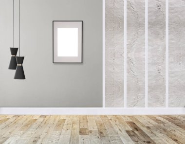 Parlak boş iç tasarım, taş duvar. 3B illüstrasyon