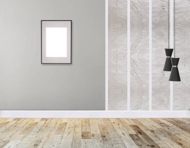 Parlak boş iç tasarım, taş duvar. 3B illüstrasyon