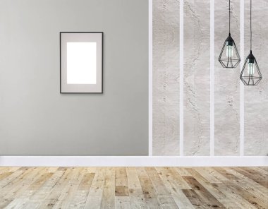 Parlak boş iç tasarım, taş duvar. 3B illüstrasyon