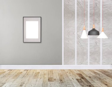 Parlak boş iç tasarım, taş duvar. 3B illüstrasyon