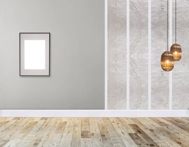 Yeni boş oturma odası iç dekorasyon ahşap zemin, taş duvar konsepti. Ev, ofis ve otel için dekoratif arka plan. 3B illüstrasyon