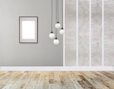 Ev, ofis, otel ve yatak odası için taş duvar iç tasarımı modern lamba. 3B illüstrasyon