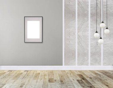 Ev, ofis, otel ve yatak odası için taş duvar iç tasarımı modern lamba. 3B illüstrasyon