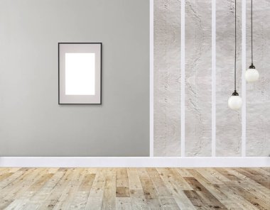 Ev, ofis, otel ve yatak odası için taş duvar iç tasarımı modern lamba. 3B illüstrasyon