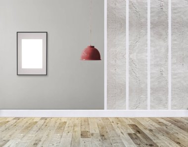 Ahşap zemini ve dekoratif taş duvarı olan boş bir iç tasarım. 3B illüstrasyon