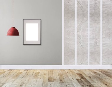 Ahşap zemini ve dekoratif taş duvarı olan boş bir iç tasarım. 3B illüstrasyon