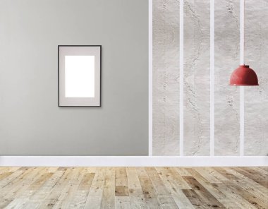 Ahşap zemini ve dekoratif taş duvarı olan boş bir iç tasarım. 3B illüstrasyon