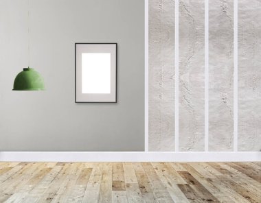 Ahşap zemini ve dekoratif taş duvarı olan boş bir iç tasarım. 3B illüstrasyon