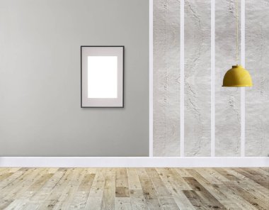 Ahşap zemini ve dekoratif taş duvarı olan boş bir iç tasarım. 3B illüstrasyon