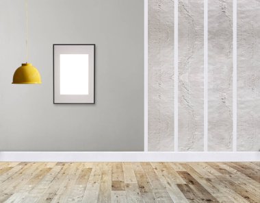 Ahşap zemini ve dekoratif taş duvarı olan boş bir iç tasarım. 3B illüstrasyon