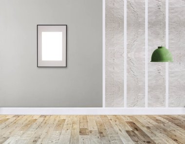 Ahşap zemini ve dekoratif taş duvarı olan boş bir iç tasarım. 3B illüstrasyon