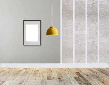 Ahşap zemini ve dekoratif taş duvarı olan boş bir iç tasarım. 3B illüstrasyon