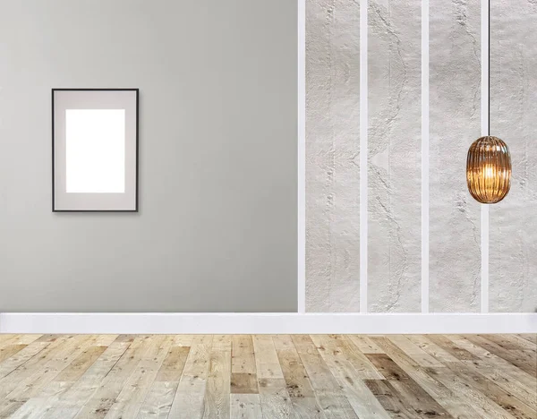 Leere Inneneinrichtung Mit Holzboden Und Dekorativer Steinmauer Illustration — Stockfoto