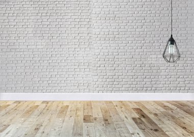 Parlak boş iç tasarım, taş duvar. 3B illüstrasyon