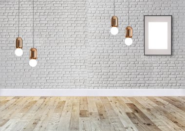 Tuğla duvar iç dizaynı ev, ofis, otel ve yatak odası için modern lamba. 3B illüstrasyon