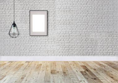 Tuğla duvar iç dizaynı ev, ofis, otel ve yatak odası için modern lamba. 3B illüstrasyon