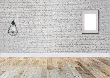 Tuğla duvar iç dizaynı ev, ofis, otel ve yatak odası için modern lamba. 3B illüstrasyon