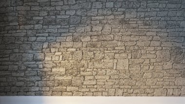 Parlak boş iç tasarım, taş duvar. 3B illüstrasyon