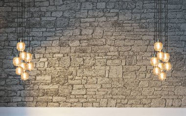 Boş oturma odası dekorasyonu modern lamba ve ahşap zemin, taş duvar konsepti. Ev, ofis, otel için dekoratif arka plan. 3B illüstrasyon