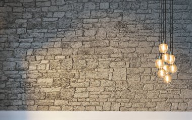 Boş oturma odası dekorasyonu modern lamba ve ahşap zemin, taş duvar konsepti. Ev, ofis, otel için dekoratif arka plan. 3B illüstrasyon