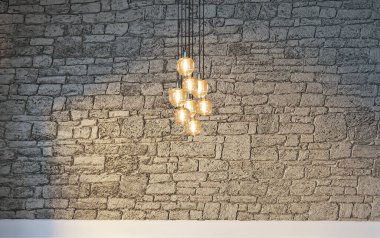 Boş oturma odası dekorasyonu modern lamba ve ahşap zemin, taş duvar konsepti. Ev, ofis, otel için dekoratif arka plan. 3B illüstrasyon