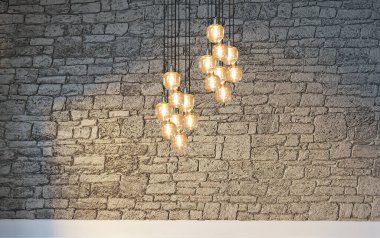 Boş oturma odası dekorasyonu modern lamba ve ahşap zemin, taş duvar konsepti. Ev, ofis, otel için dekoratif arka plan. 3B illüstrasyon