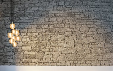 Boş oturma odası dekorasyonu modern lamba ve ahşap zemin, taş duvar konsepti. Ev, ofis, otel için dekoratif arka plan. 3B illüstrasyon