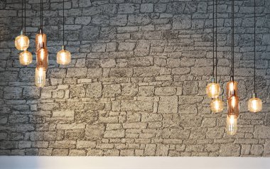 Boş oturma odası dekorasyonu modern lamba ve ahşap zemin, taş duvar konsepti. Ev, ofis, otel için dekoratif arka plan. 3B illüstrasyon