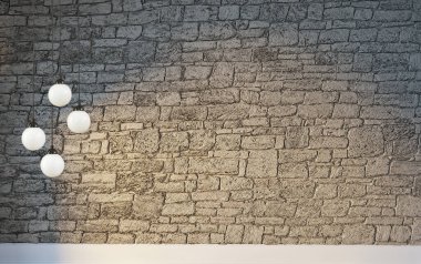 Taş duvar boş oda ve iç tasarım, asılı lamba. 3B illüstrasyon