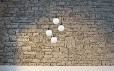 Taş duvar boş oda ve iç tasarım, asılı lamba. 3B illüstrasyon